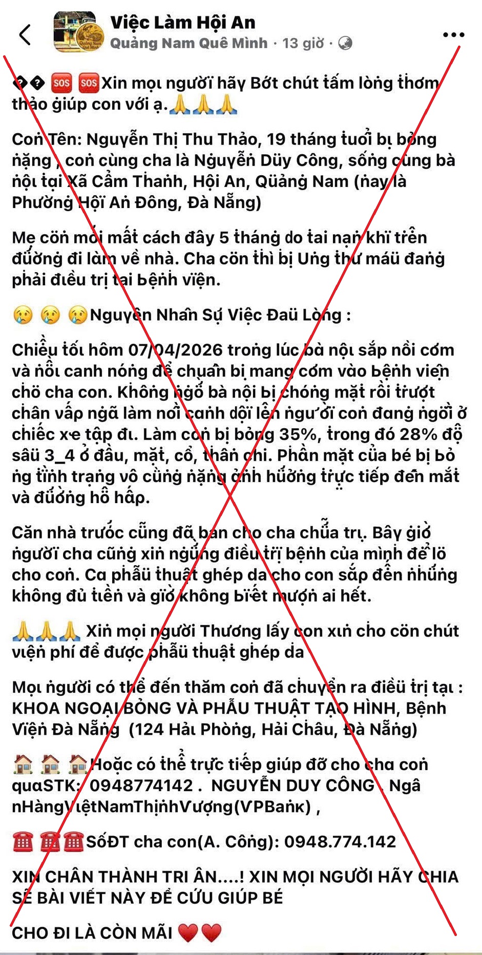 Giả mạo việc con gái 19 tháng tuổi bị bỏng nặng để lừa đảo kêu gọi tiền từ thiện- Ảnh 1. Giả mạo việc con gái 19 tháng tuổi bị bỏng nặng để lừa đảo kêu gọi tiền từ thiện- Ảnh 1.